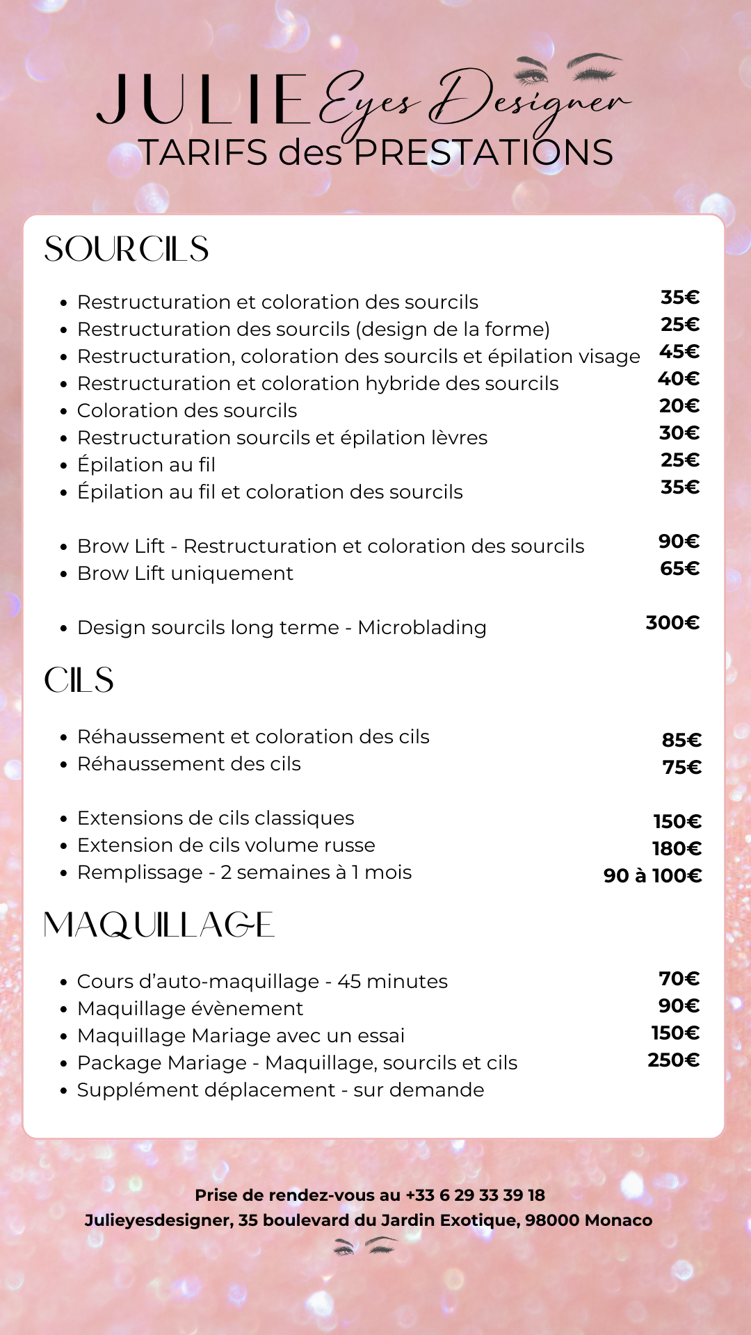 TARIFS Institut de beauté spécialiste du regard à Monaco : expertise Julie Eyes Designer